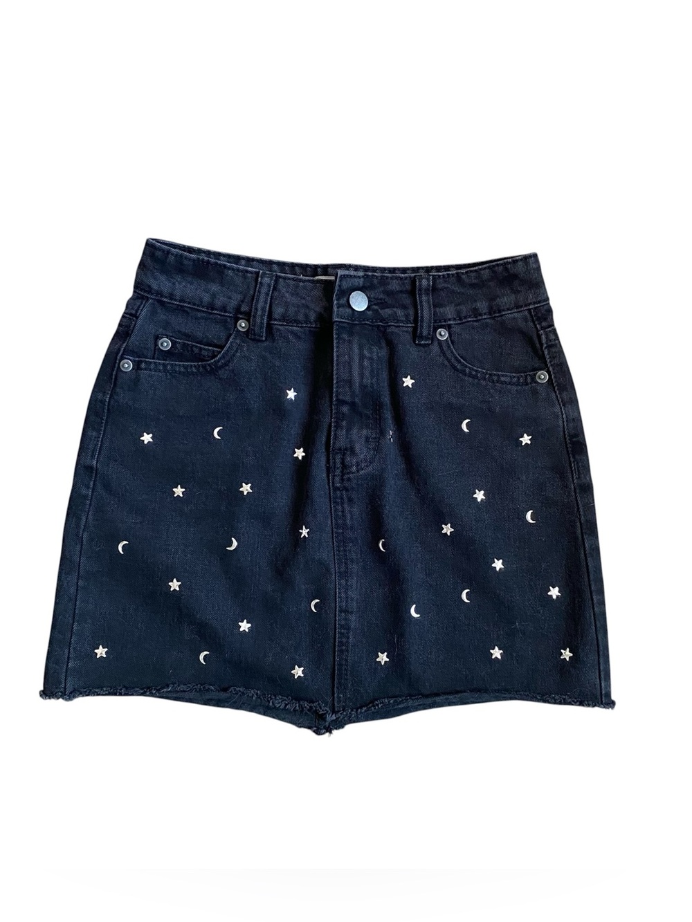 Celestial Sun & Moon Studded Black Denim High-Rise Mini Skirt
